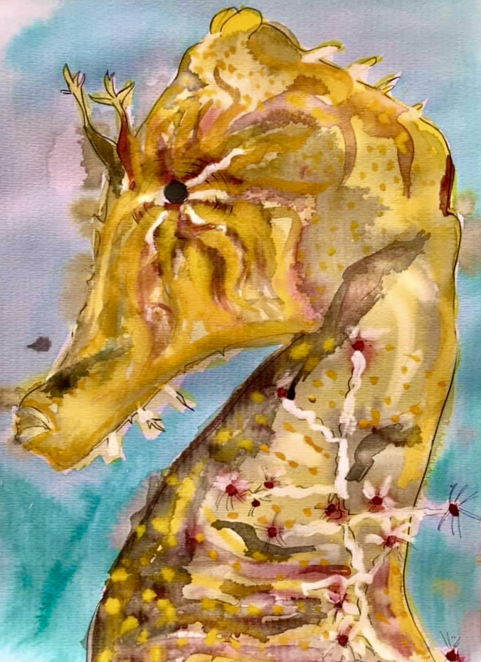 Painting of the head and neck of a sea horse