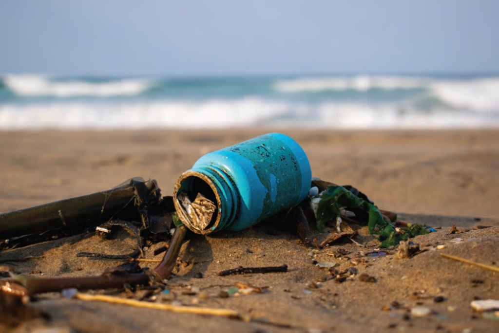 A photograph of pollution of a beach