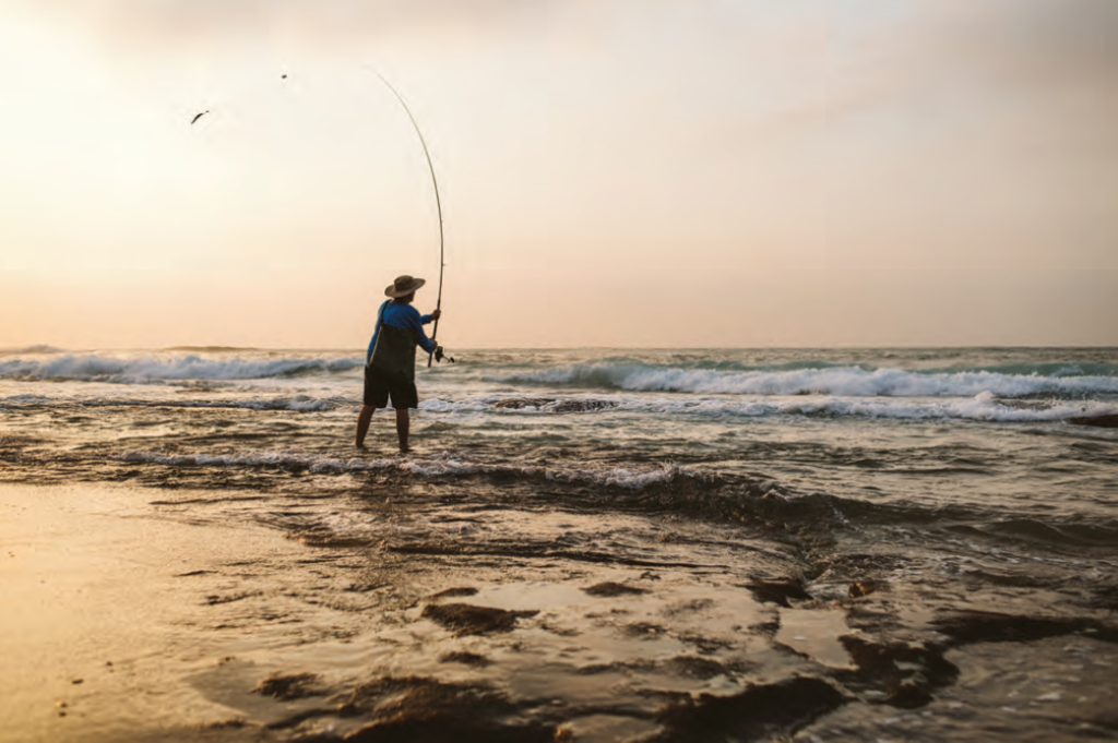 Fisher with a rod in the surf.