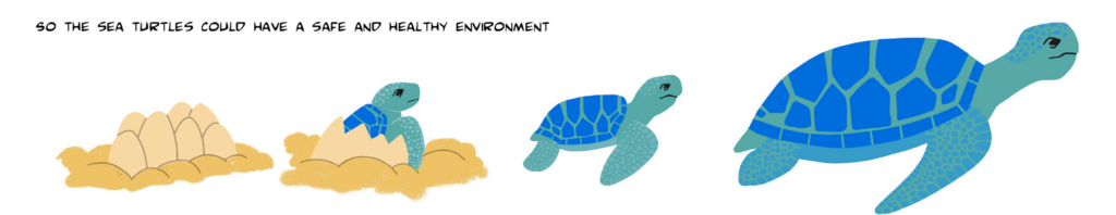 An image showing the turtles emerging from the sand