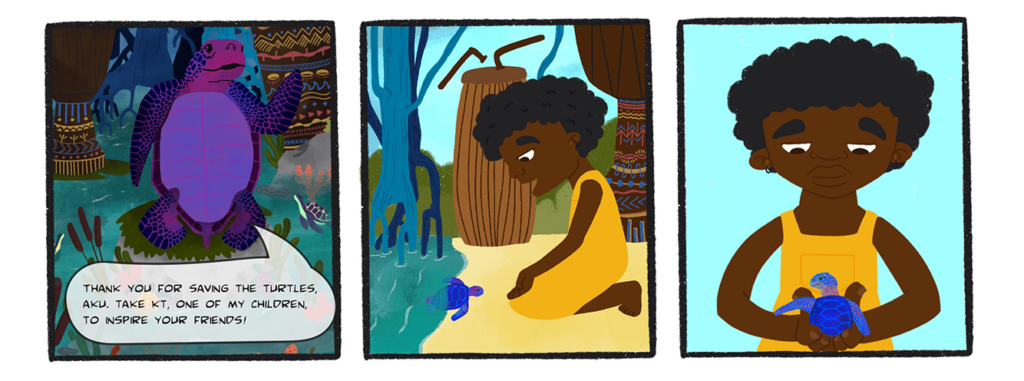 A comic image of the spirt turtles talks to Aku, giving her a turtle, named KT as reward