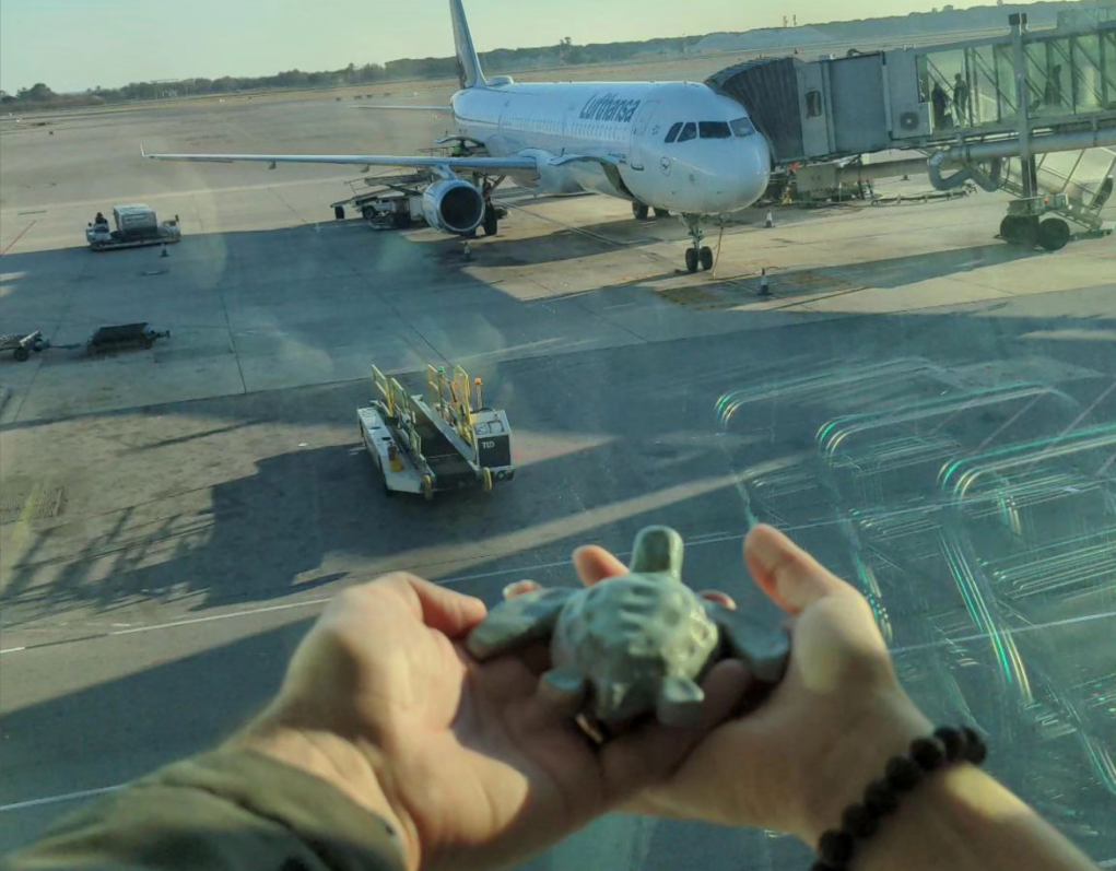 Ceramic turtle being held in hands at an airport